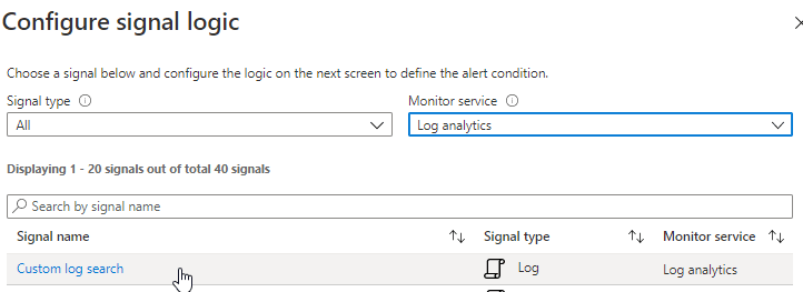 Azure alert - configure log signal